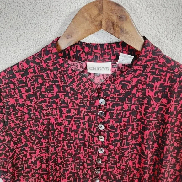 Chico's Womens Printed Button-Up Short Sleeve Top 2/L Mock neck 18PT - Picture 6 of 7